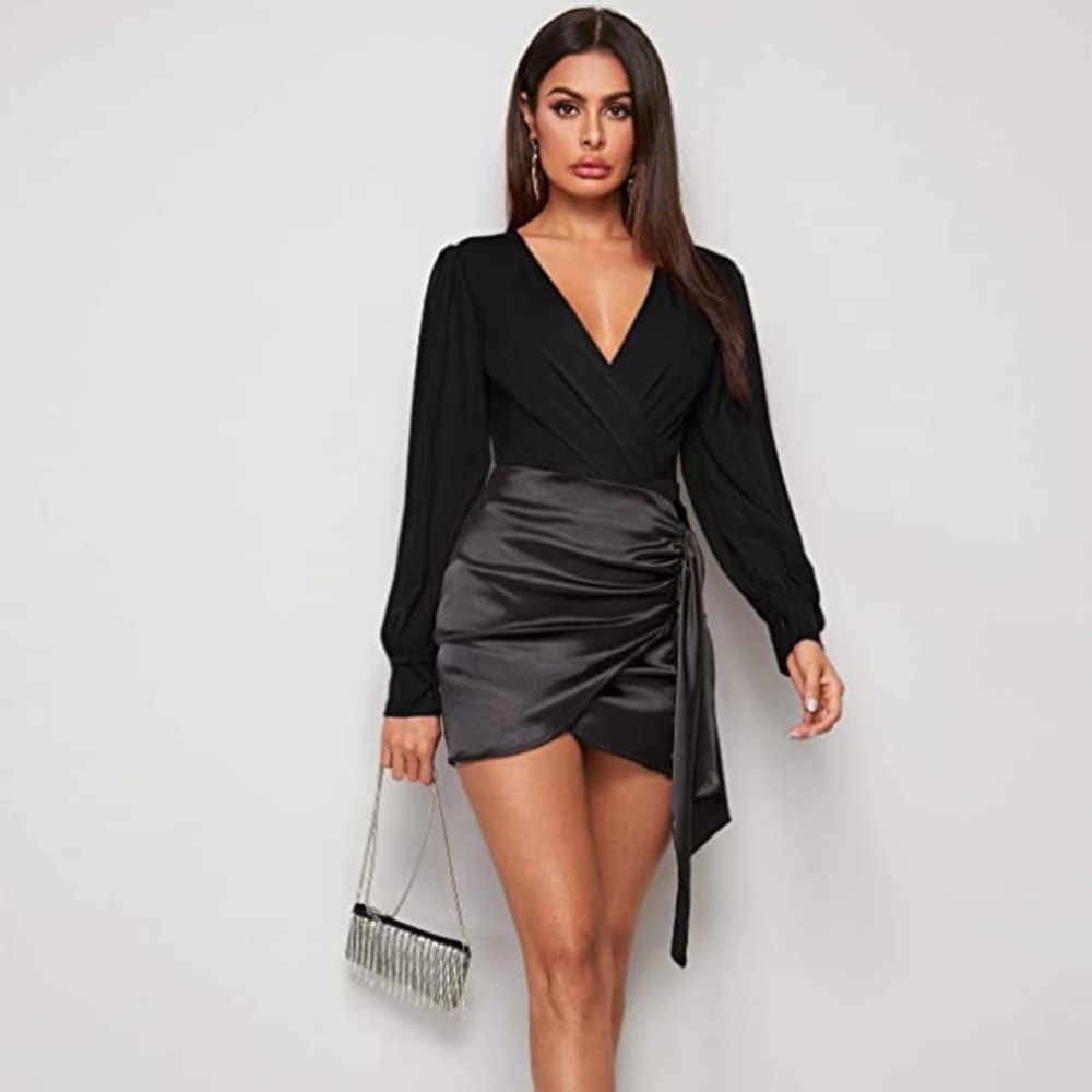 Women's Deep V Neck Long Sleeve Solid Wrap Surplice Bodysuit